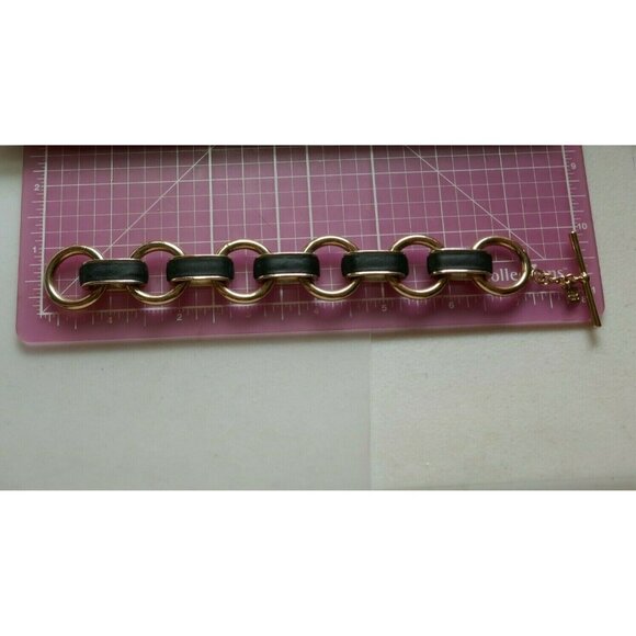 Chunky Vintage Black Leather & Golden Link Banana Republic Bracelet Toggle Clasp - Picture 3 of 6